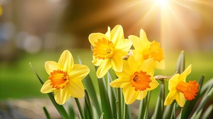 A cluster of vibrant yellow daffodils blooming in a sun-drenched garden, their cheerful blooms signaling the arrival of spring.