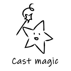 魔法を使う流れ星のイラスト　手描き風のシンプルなモノクロの線画のイラスト