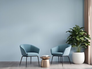 Pastel Light Interior with Sky Blue Walls & Furniture, Modern Reception or Lounge Area Design for Home, Living Room Interior Mockup, 3D Rendering

