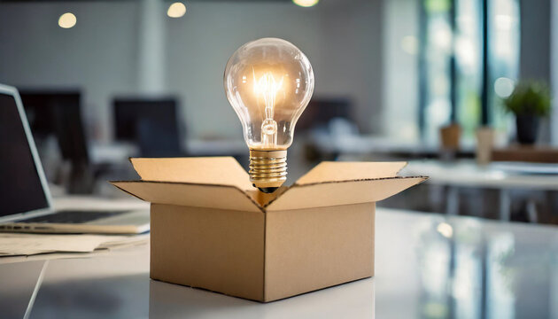 Opened box revealing glowing light bulb, symbolizing creativity and innovation
