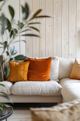 A white couch with orange pillows and a plant in the background