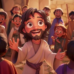Obraz premium Experience the warmth of a joyful Jesus in this heartwarming cartoon illustration. His kind smile, loving eyes, and serene expression exude happiness, compassion, and inner peace, spreading comfort 