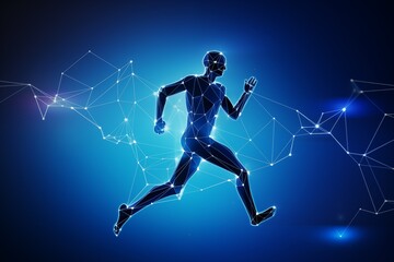 Abstract illustration of a running man formed by intersecting lines and triangles, with a network of connecting points on a blue gradient background 