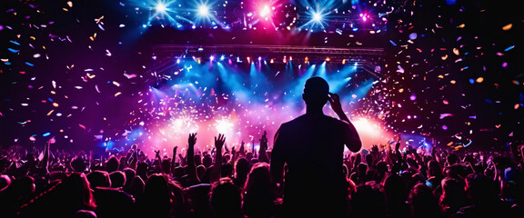 The Concert, a musician, is shown with intense color contrast, their face illuminated by vibrant stage lights, and their silhouette blending into a crowd