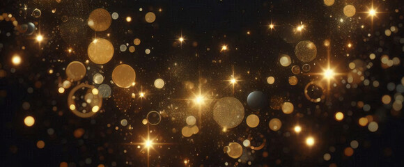 Obraz premium 抽象的な豪華なゴールドの背景に金の粒子。キラキラのビンテージ ライトの背景。クリスマスの黄金の光は、暗い背景に粒子のボケ味を輝かせます。金箔のテクスチャです。