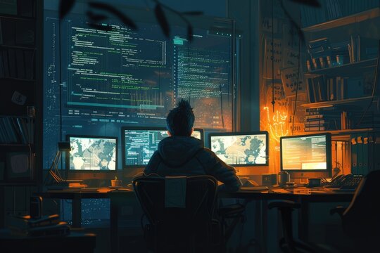 Attractive professional software developer coding program or engineering prompt. Skilled programmer typing computer and laptop while developing system with blurring background. Technology. AIG42.