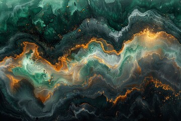 The abstract backgrounds blend dark and light green with gold hues, highlighted by white ink-like fluid patterns reminiscent of marble stone, evoking sophistication and luxury.