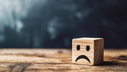Wooden block with a frown face symbolizing sadness or discontent. Represents negative emotions, challenges, and setbacks. Ideal for illustrating mood, mental health, or adverse situations - Powered by Adobe