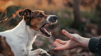 Pregnant female dog Jack Russell terrier growls to person hand. Animal instinct and behaviour - Powered by Adobe