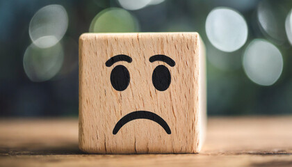 Wooden block with a frown face symbolizing sadness or discontent. Represents negative emotions, challenges, and setbacks. Ideal for illustrating mood, mental health, or adverse situations