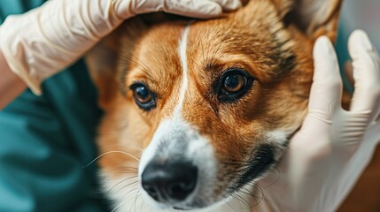 Veterinarian examines the eyes of a sick Corgi dog.