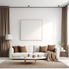 Living Room with White Walls with Canvas Art Mockup, Brown Pillow and Curtain Accents, Scandinavian Minimal Interior for Home or Office, 3D Rendering

