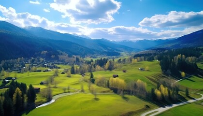 Fototapeta premium Views of fertile land surrounded by stunning green vegetation, rolling hills and mountains with clear skies in spring.