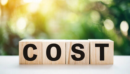 Wooden blocks spelling "COST" on a white tabletop with a blurred wall background, symbolizing financial considerations, budgeting, and expense management