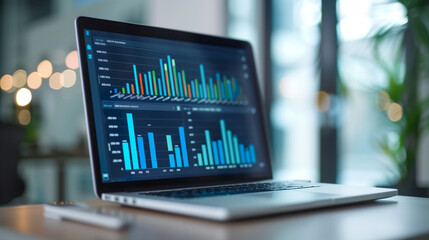 business data statistics displayed on laptop screen, economy business growth progress data analysis, sales record data stats 