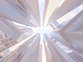 Worms-eye view of a minimalist utopian cityscape, sleek white geometric buildings, soft pastel sky, sharp angles, shadows casting intricate patterns, digital CG 3D rendering