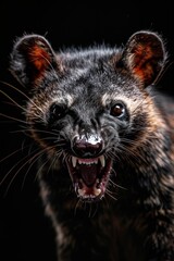 Mystic portrait of Civet Luwak in studio, copy space on right side, Anger, Menacing, Headshot, Close-up View Isolated on black background