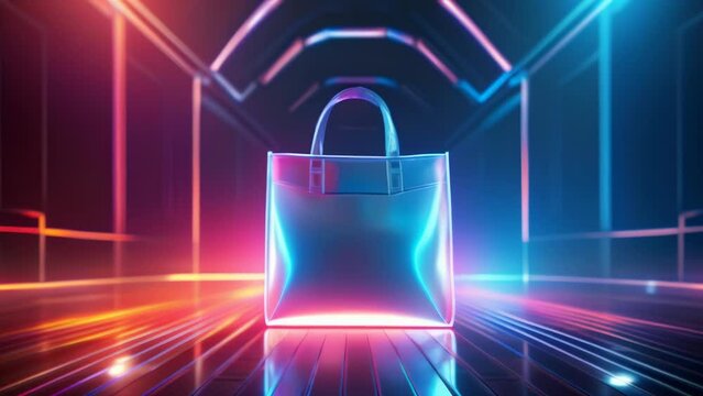 A futuristic shopping bag illuminated by vibrant neon lights. The bag stands on a reflective surface with glowing lines and colorful bokeh in the background. 