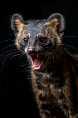 Mystic portrait of Common Palm Civet in studio, copy space on right side, Anger, Menacing, Headshot, Close-up View Isolated on black background