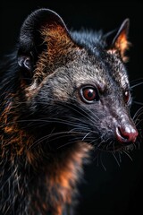 Mystic portrait of Common Palm Civet in studio, copy space on right side, Anger, Menacing, Headshot, Close-up View Isolated on black background