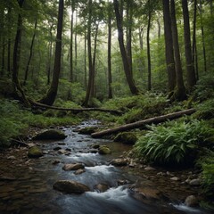 Fototapeta premium Envision a quiet retreat in the forest, with towering trees and a babbling brook, where you can immerse yourself in a gripping true crime book for 