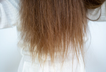 Cropped shot view of women's damaged split ended hair. Hair damage is risk for further damage and...
