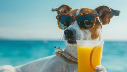 Naklejka premium Cute dog wearing sunglasses, holding an orange juice on a sunny beach. Perfect for summer, vacation, and pet-themed projects. Bright and cheerful vibes.