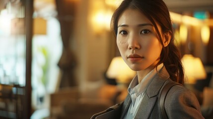 Business Travel Features A Beautiful Asian Female Professional Checking Into A Hotel, Symbolizing Adaptability And Global Engagement, High Quality
