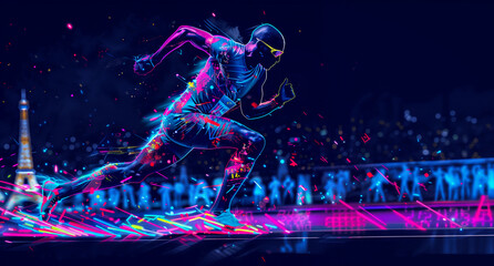 Sprinting forward athlete runner in neon purple and pink vibrant colours with a crowd cheering in background for his finish for a first place. 2024 France Paris Olympics dark navy banner