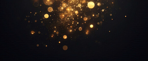 Obraz premium 抽象的な豪華なゴールドの背景に金の粒子。キラキラのビンテージ ライトの背景。クリスマスの黄金の光は、暗い背景に粒子のボケ味を輝かせます。金箔のテクスチャです。