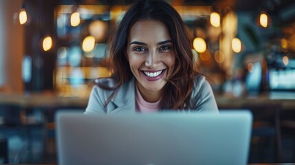 Capture The Dedication Of A Smiling Businesswoman As She Uses A Laptop Computer In The Cafe, Her Commitment To Productivity Evident In Her Focused Demeanor, High Quality