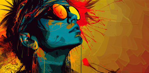 Painting of a person in cool sunglasses looking up into the sky