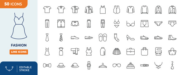 Fashion Icons set. Containing T-shirt, shirt, dress, shoe, tie, underware, etc. Editable stroke. Vector illustration	