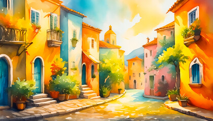 Colorful cityscape, calm, sunlight, plants, morning, cobblestone, healing, watercolor, bright atmosphere, painting
