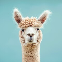 Obraz premium Alpaca posing in front of clear blue sky in a travel and nature themed photoshoot