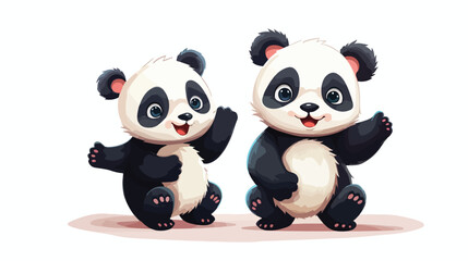 Two cute funny happy baby panda characters 