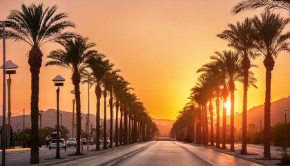 Sunset on the street with palm trees