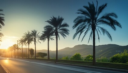 Fototapeta premium Sunset on the street with palm trees