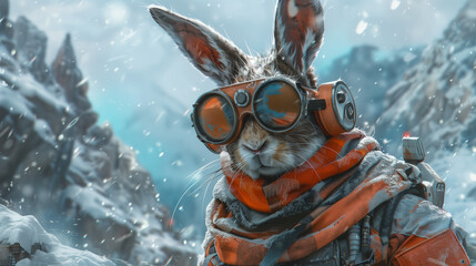 Rabbit wearing goggles and scarf in snowy mountain landscape