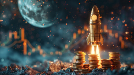 Golden rocket launching from stacked coins with a moonlit background, symbolizing financial growth and cryptocurrency investment