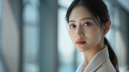 Experience The Confidence Of A Young Asian Businesswoman In The Office, Her Poised Demeanor Reflecting Her Readiness For Challenges, High Quality