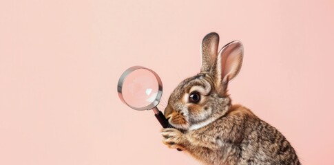 Fototapeta premium Curious rabbit examining its surroundings with a magnifying glass on pink background