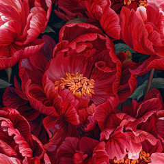 Seamless red peony flowers pattern, realistic style, wallpaper design. Generative ai