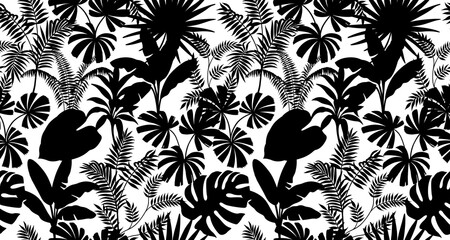 Seamless abstract long leaf black and white art nature free from blackground and wallpaper design.