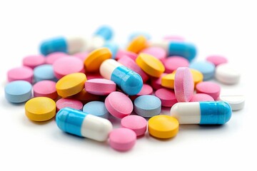 A pile of assorted colorful pills and capsules on a white background, representing pharmaceuticals and medication variety.