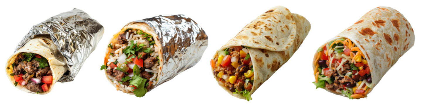Set of tasty Mexican burrito rolls isolated on a white or transparent background, tortilla wrapped into a cylindrical shape around a filling of various ingredients.