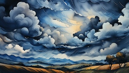 Watercolor rainy day cloudscape, dark rain clouds painted background