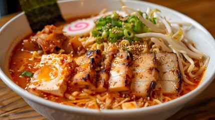 Freshly cooked ramen noodles with pork and vegetables 