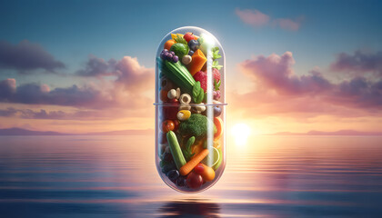 a large transparent capsule filled with an assortment of fresh vegetables, fruits, nuts, and vitamins. The capsule appears to burst open, with its vibrant contents spilling out against a minimalist