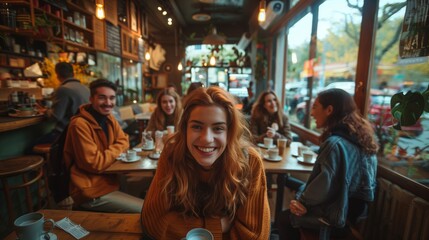 Obraz premium A group of friends from different backgrounds laughing and enjoying coffee in a cozy cafe